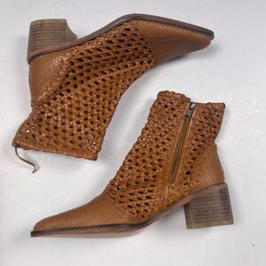 FREE PEOPLE In The Loop Brown Leather Woven Pointed Toe Ankle Boots